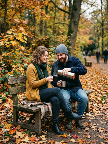 Young couple enjoys warm drink, sitting on a park bench surrounded by fallen yellow leaves. Man is pouring hot liquid from metal thermos into cup. Pleasant autumnal atmosphere