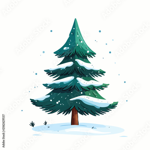 A single evergreen fir tree covered in fresh white winter snow.