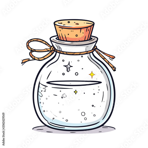 Cute hand drawn illustration of a magic potion bottle with sparkles.