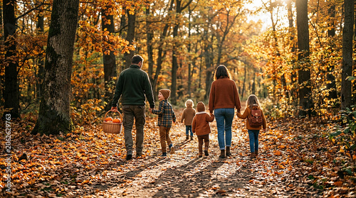 Large family walks together down quiet path in autumn forest. Parents hold hands with their children while carrying a woven basket. Warm seasonal clothes, bright fall foliage