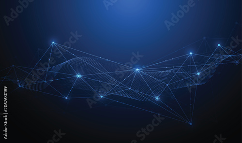 Abstract digital technology background with glowing network nodes connecting lines and particle wave on dark blue.