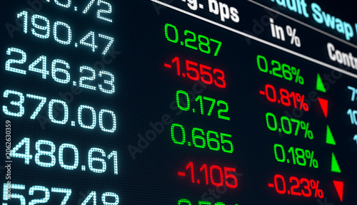 Close up CDS spreads up and down, credit default swap rates, financial derivative to swap credit risk between investors. Leverage, bond obligation, default risk, credit spread, futures contract.