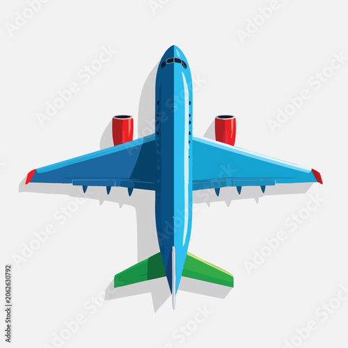 Top view of a modern blue commercial passenger airplane illustration.