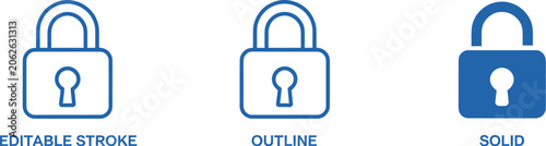 Lock Icon For Security And Privacy Featuring Editable Stroke, Outline And Solid Vector Styles.