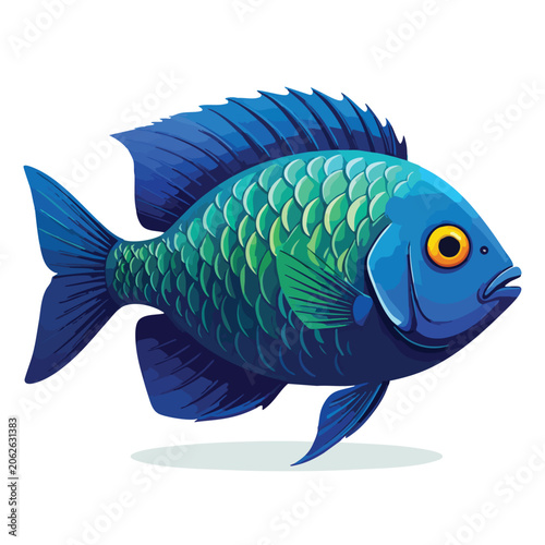 Vibrant blue and green tropical fish illustration on white background.
