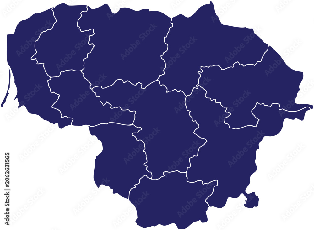Obraz premium Lithuania map solid navy blue regions white borders flat vector