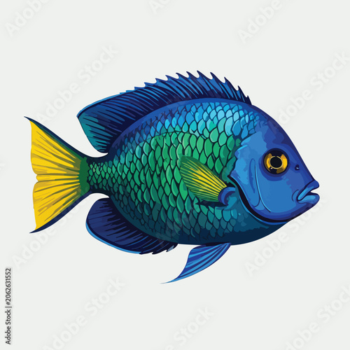 Vibrant Blue and Green Tropical Reef Fish Illustration.