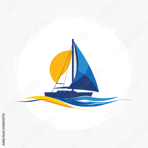 Minimalist vector illustration of a sailboat on stylized ocean waves at sunset.