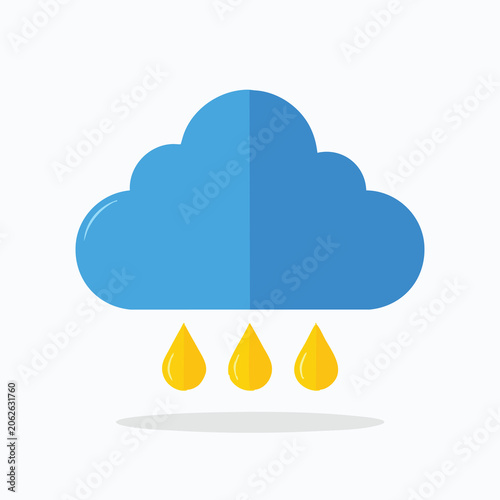 Flat vector icon of a blue cloud with falling yellow liquid drops.