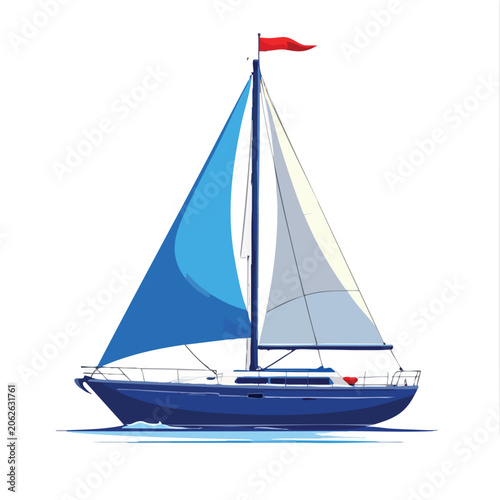 Illustration of a blue sailboat with white and blue sails.
