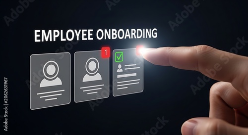 Finger Tapping on Digital Employee Onboarding Interface for New Hire Integration.