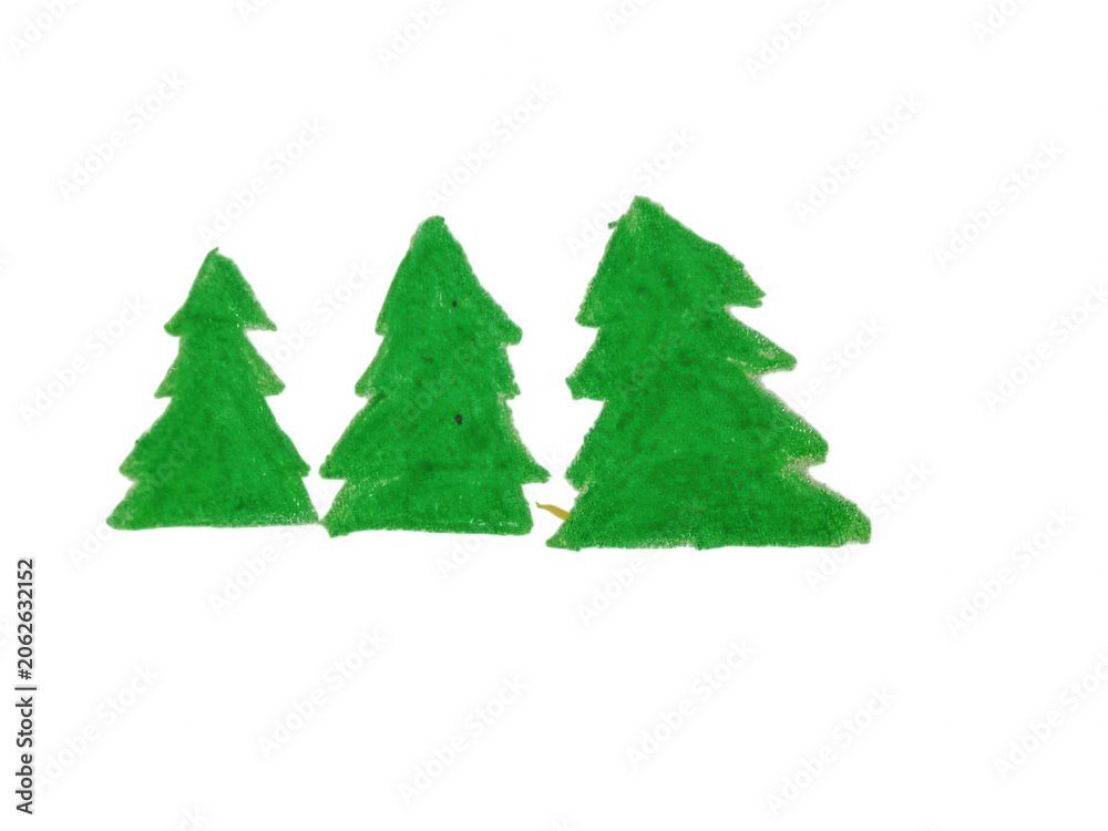 Fototapeta premium Three green pine trees hand drawn on white background isolated on transparent background