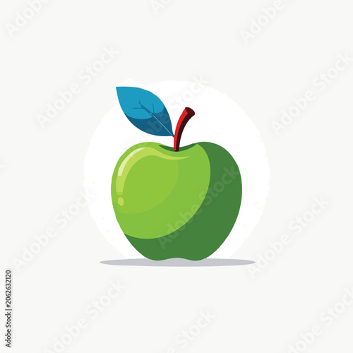 A vibrant green apple illustration with a single blue leaf isolated on a white background.