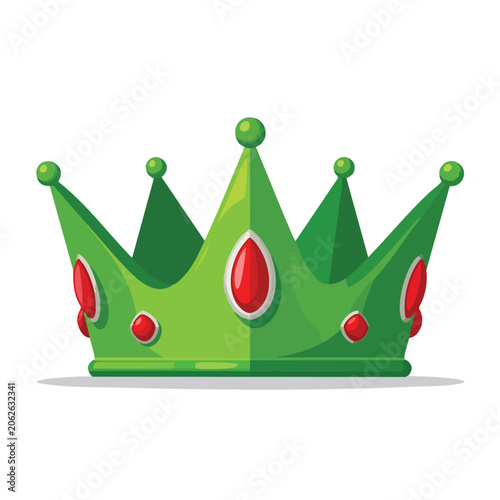 A green royal crown with red jewels isolated on white.