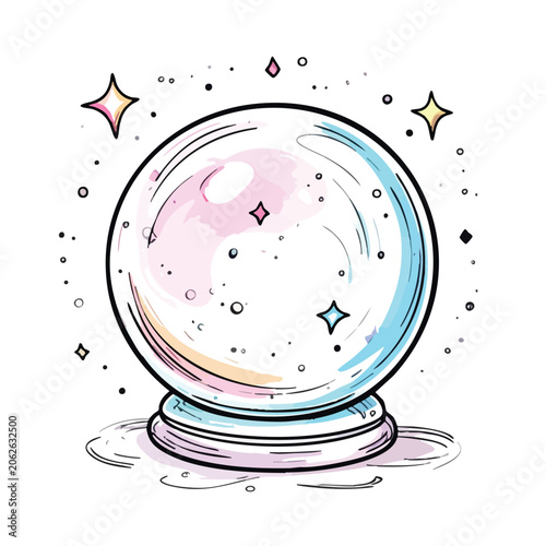 Magical Crystal Ball Illustration with Sparkling Stars and Pastel Tones.