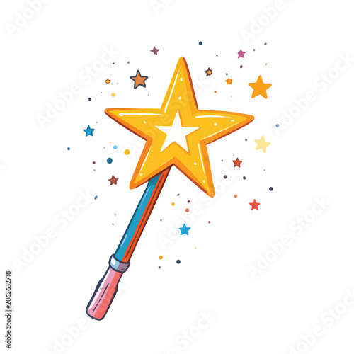 Cartoon Magic Wand Illustration with Star and Colorful Sparkles.