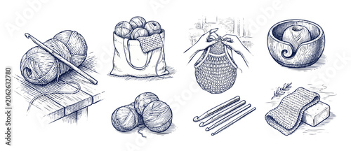 Valokuva Crochet sketch set hand drawn yarn ball crochet hook needlework collection woodc