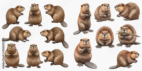 Vászonkép Collection of various cute beavers in different poses, isolated on a transparent background, showcasing their natural behaviors and characteristics