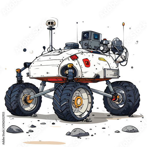 Illustration of a futuristic space exploration planetary rover vehicle.