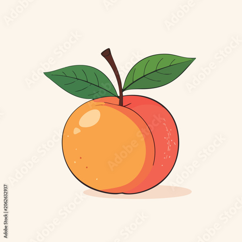 Fresh whole peach fruit with green leaves illustration.