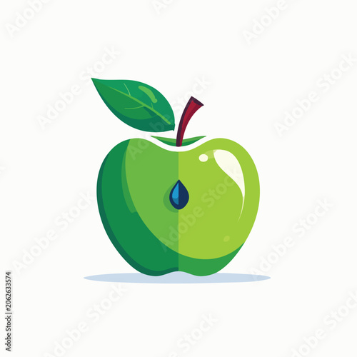 Stylized flat vector illustration of a fresh green apple with a leaf.