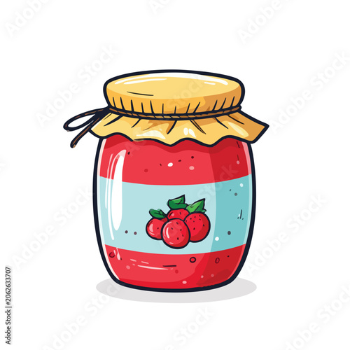 Cartoon Illustration of a Glass Jar Filled with Sweet Red Strawberry Jam.