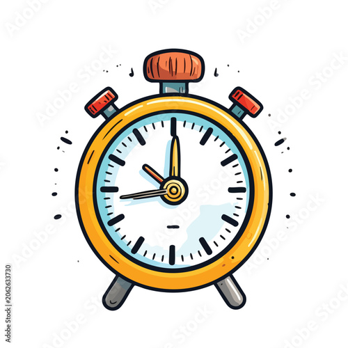 Hand drawn colorful cartoon style alarm clock illustration.