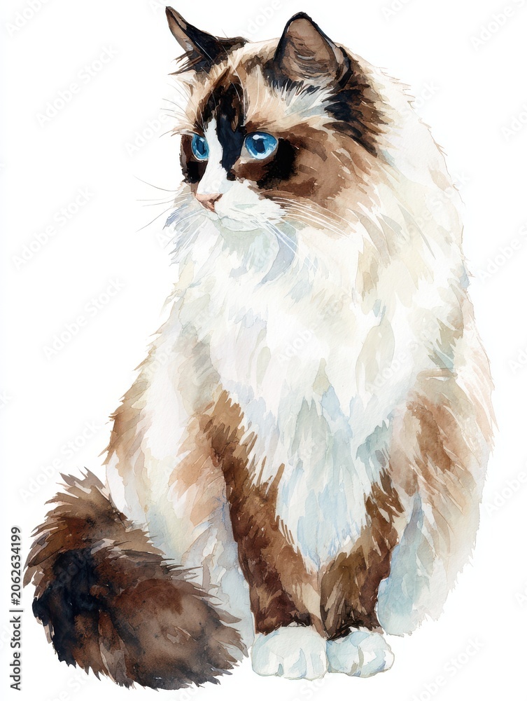 Fototapeta premium Fluffy Ragdoll Cat With Blue Eyes Sitting White Background Detailed Watercolor Painting