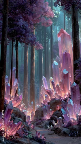 Fantasy forest path with pink crystal cluster, glowing magical landscape, tall tree grove and misty crystal light