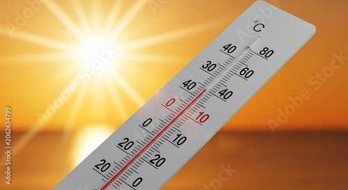 Thermometer showing high temperature with bright sun and ocean background.
