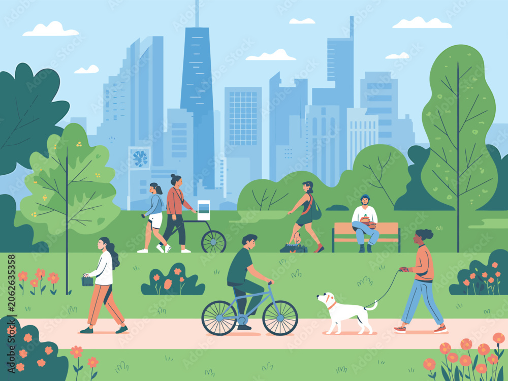 Naklejka premium People Walking, Biking, and Exercising in City Park with Skyscrapers