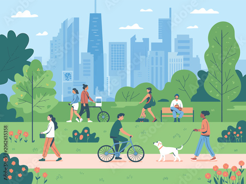 People Walking, Biking, and Exercising in City Park with Skyscrapers