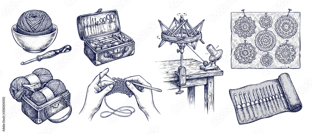 Εκτύπωση καμβά Crochet tools yarn vector illustration set with hands knitting, vintage engraving style sketch of yarn winder, hooks organizer, craft doilies, and needlework accessories isolated on white background