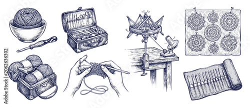 Valokuva Crochet tools yarn vector illustration set with hands knitting, vintage engraving style sketch of yarn winder, hooks organizer, craft doilies, and needlework accessories isolated on white background