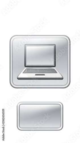 Keyword string (≤200 chars): Glossy 3D silver laptop icon atop a rectangular button. Ideal for download buttons, app store icons, software installation, tech CTAs, e-learning, device controls, and dig