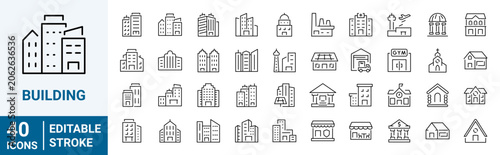 Building web Line Icons. Set of 40 outline icons. Linear icon collection. Editable stroke. Vector illustration
