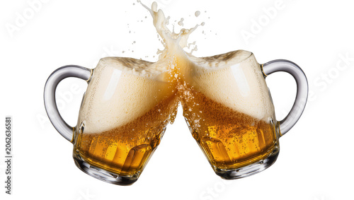 Two beer mugs clinking with frothy beer splashing