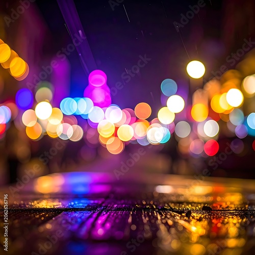 Colorful city lights on wet pavement.