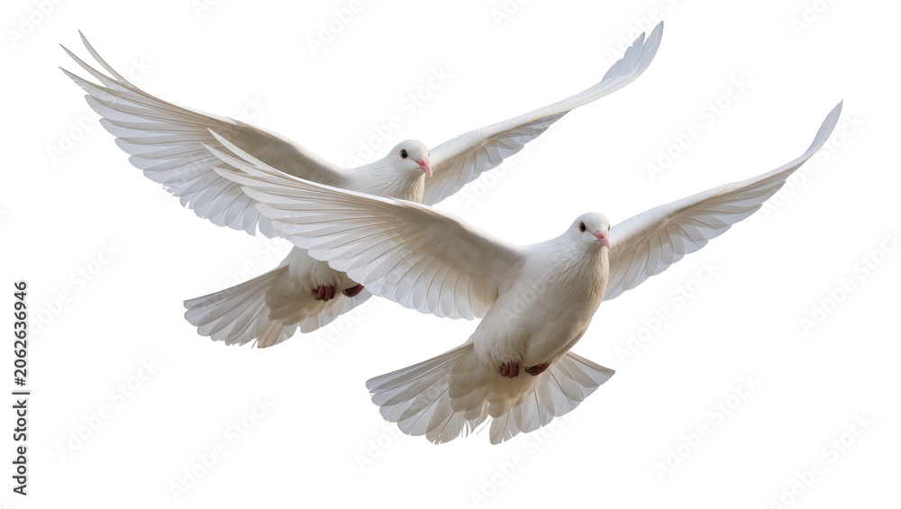 Obraz premium Two white doves flying with wings spread