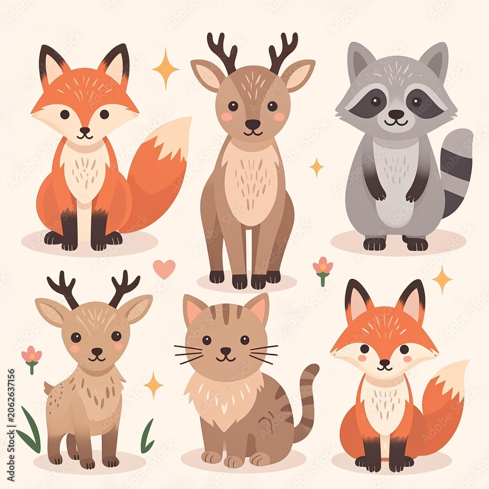 Fototapeta premium Adorable Woodland Creatures Collection Featuring Foxes, Deer, and Raccoons