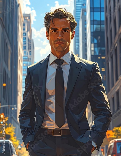 Confident businessman standing in city street.