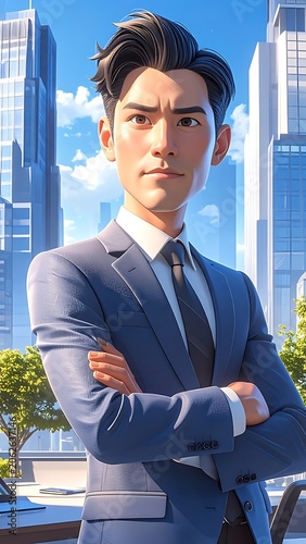 Confident businessman standing in cityscape.