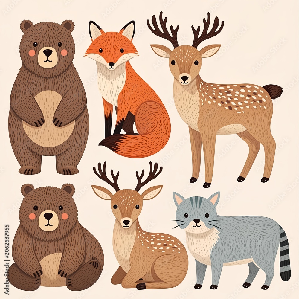 Naklejka premium A Charming Collection of Forest and Domestic Animals in a Whimsical Style