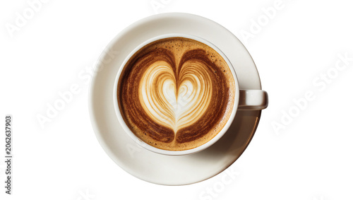 Photos Cappuccino coffee with heart latte art in white cup on saucer
