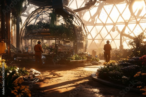 A photorealistic scene of people working in an open-air greenhouse on Mars, surrounded by various plants and flowers growing inside the dome