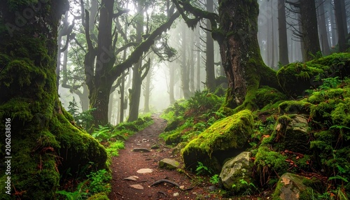 Magical Forest Scene with Dense Mist, Shadowy Pathways, and Enchanting Natural Beauty Inspired by Fantasy and Folklore