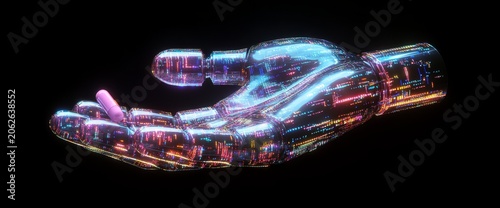 A robot hand with glowing digital lines, reaching out towards the camera on a black background. The holographic palm is illuminated by light and has