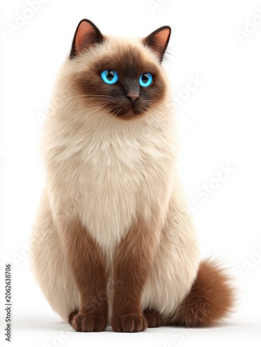 Fluffy Siamese Cat With Bright Blue Eyes Sitting On White Background