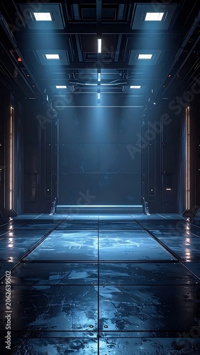 Dark industrial room with bright lights.