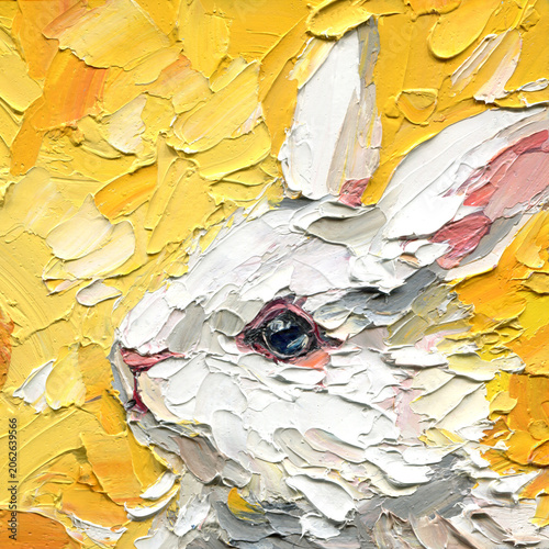 Tableau sur toile White rabbit portrait impasto oil painting with yellow textured background and p